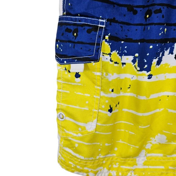 Wave Zone Mens M Blue/Yellow Drawstring Waist Swim Trunks Cargo Pockets Surf - Picture 3 of 8